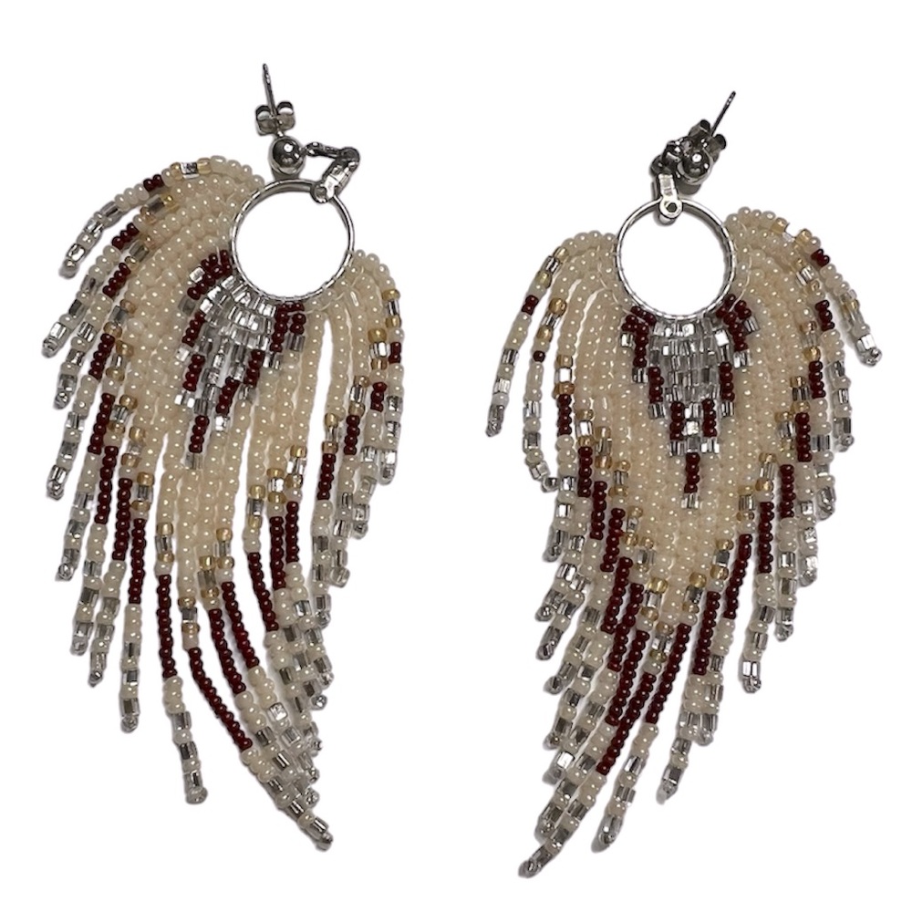 Handmade Beaded Earrings - Fringe Post Earings - Color: Burgundy, Ivory, silver